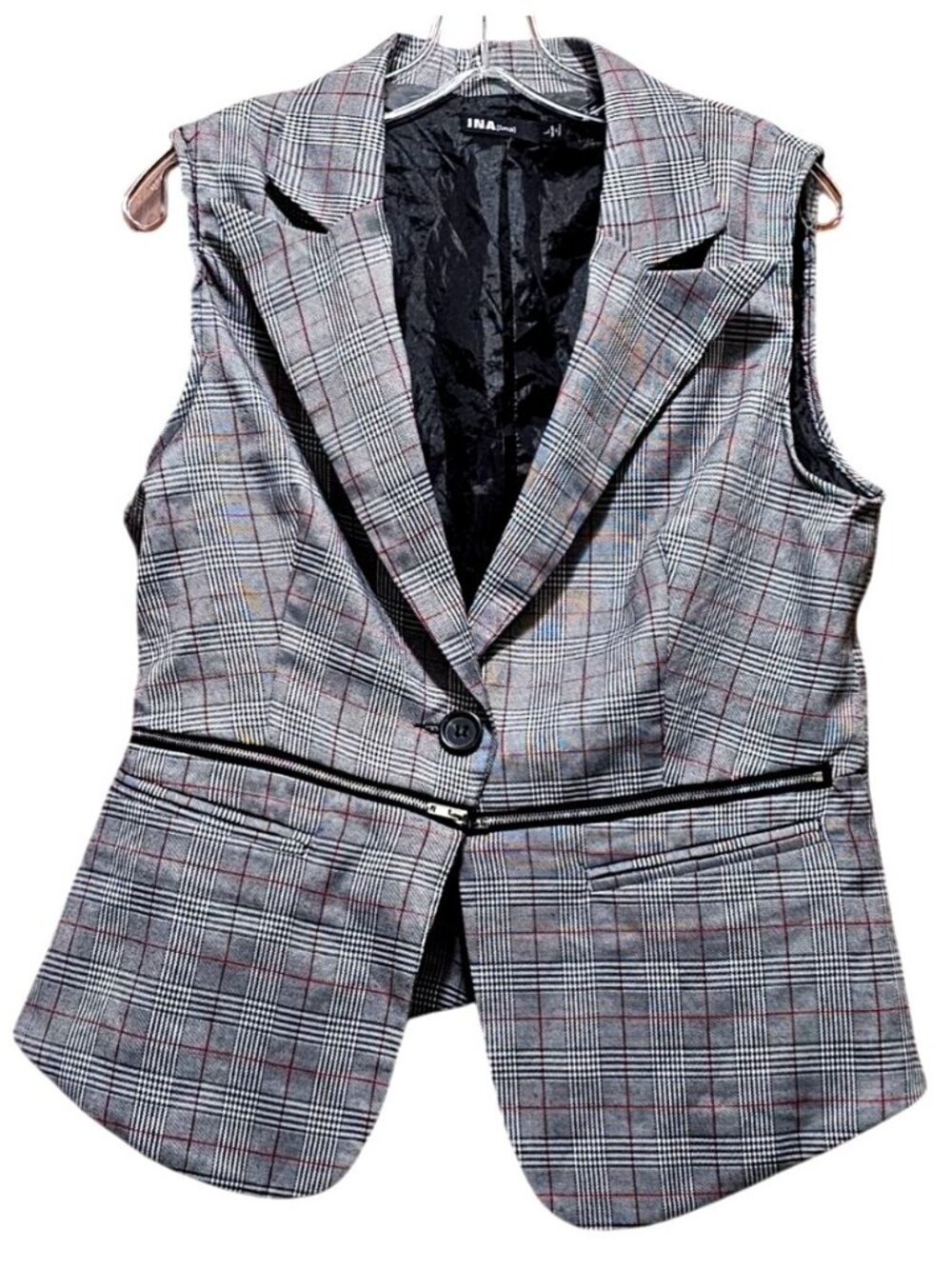 INA [i:na] Women's Plaid Sleeveless Blazer Vest With Zipper Accent Size L - Picture 2 of 13
